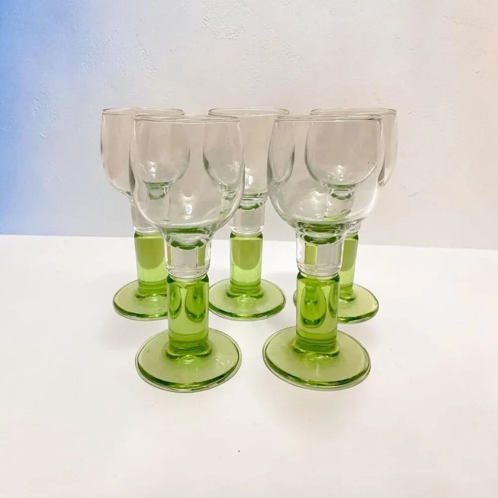 Vintage Bormioli Rocco Limoncino Glasses Set of 5 Italian Green Stem 2 oz